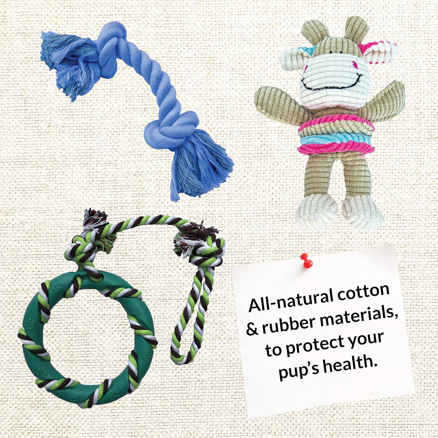 Dog Chew Toy Set for Small to Medium Breeds, Includes All Natural Rubber, Cotton, Ball & Rope Toys, Ideal Puppy Chew Toys for Teething, Reduces Destructive Chewing & Anxiety (Pack of 6)