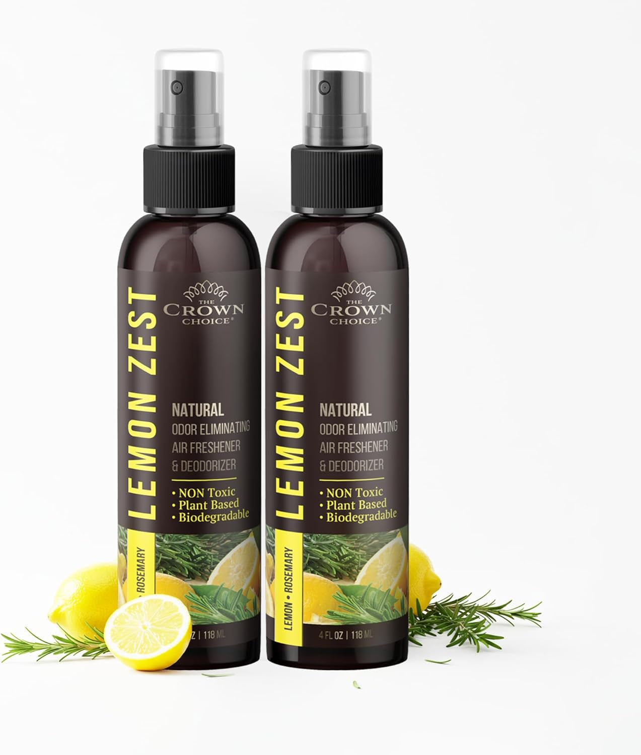 Non-Toxic Odor Eliminator, Natural Citrus Lemon Zest Air Freshener Spray for Home, Room, Closet & Couch Deodorizer, Long Lasting Bathroom & Toilet Freshener, Safe for Kids & Pets - 2 PK - 4 Oz Each