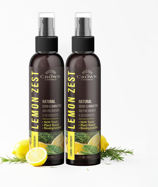 Non-Toxic Odor Eliminator, Natural Citrus Lemon Zest Air Freshener Spray for Home, Room, Closet & Couch Deodorizer, Long Lasting Bathroom & Toilet Freshener, Safe for Kids & Pets - 2 PK - 4 Oz Each