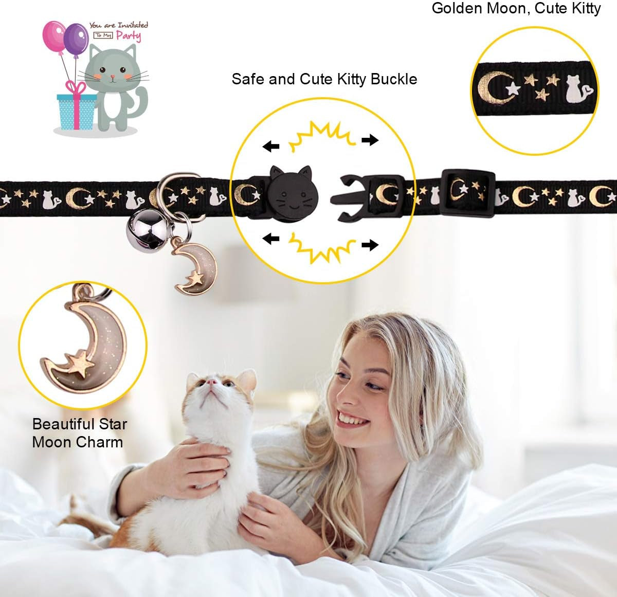 2PCS Breakaway Cat Collars with Bell Moons Stars Cute Kitty Adjustable Safe Kitten Collars with Pendant Glow in the Dark(Black&Pink)