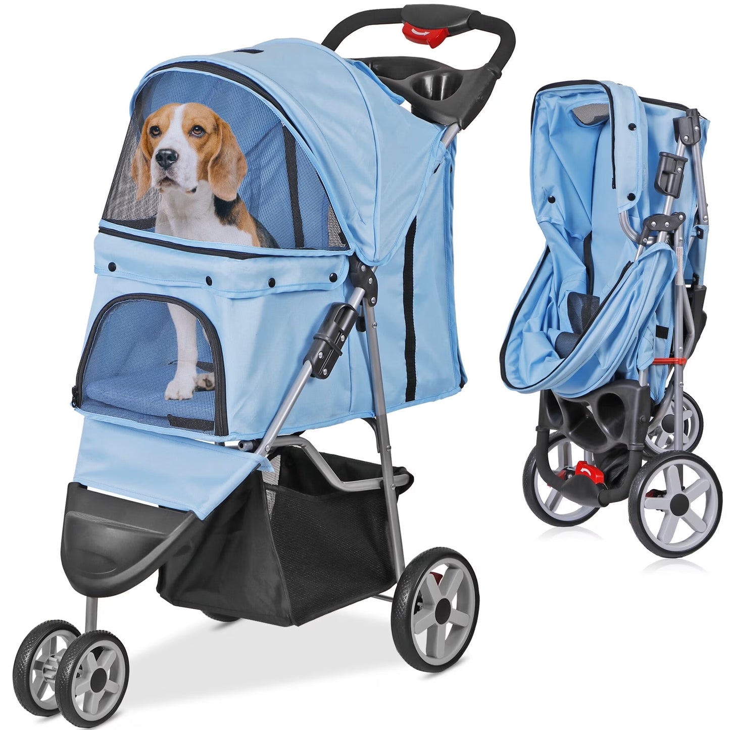 3 Wheels Foldable Pet Stroller for Small Dog Max. 33Lbs W/Storage Basket, Blue