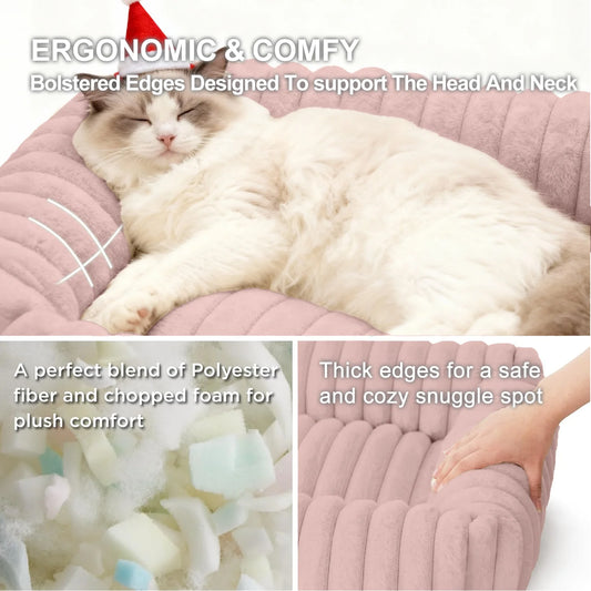 Cat Bed for Indoor Cats Furry Corduroy Fleece Orthopedic Pet Bed Sofa Removable Washable Cover Non Skid Bottom, Pink