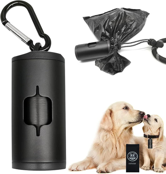 Aluminum Dog Poop Bags Holder with Carabiner Metal Pet Waste Bags Dispenser with Hook and Loop Fastener and Elastic Cord to Carry Used Bags (Black, 1 Holder 15 Bags)