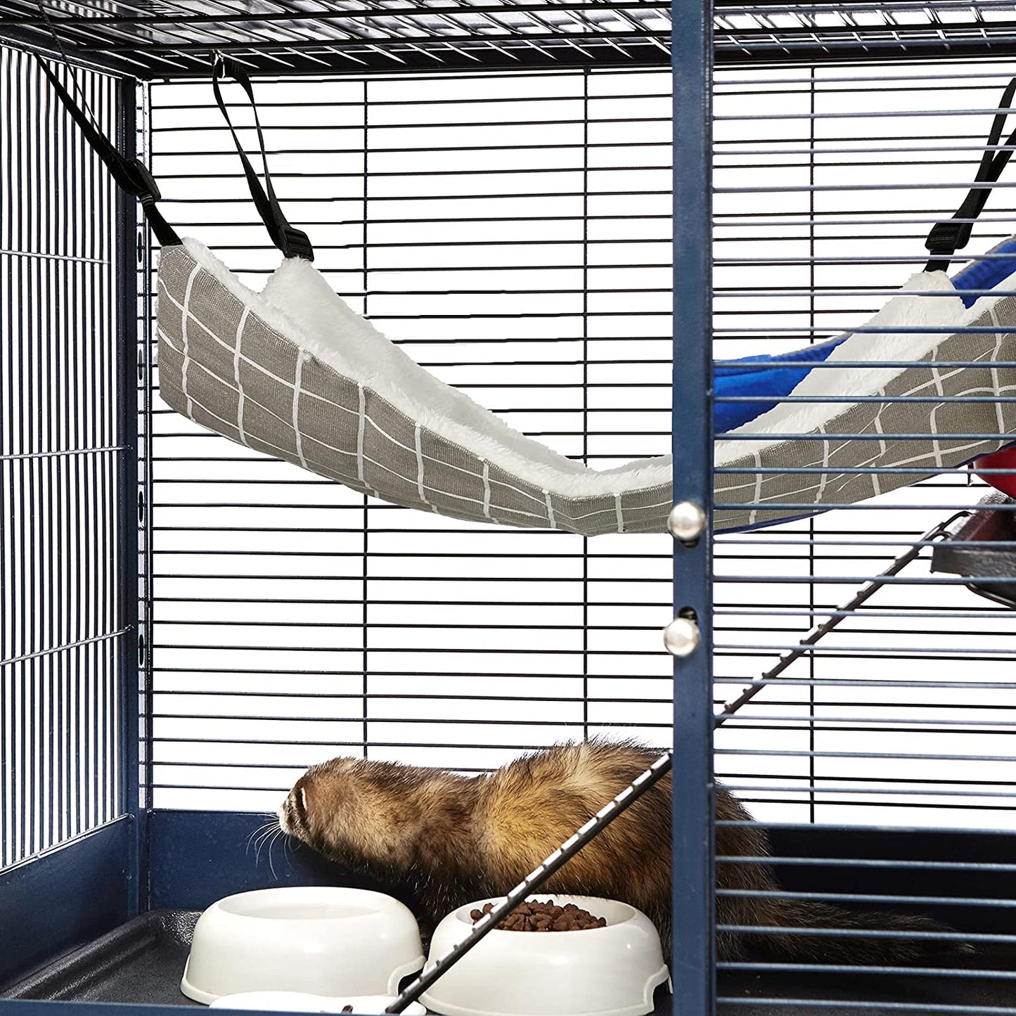 2 Pieces Reversible Cat Hanging Hammock Soft Breathable Pet Cage Hammock with Adjustable Straps and Metal Hooks Double Sided Hanging Bed for Small Dogs Rabbits(Cat and Plaid,S)