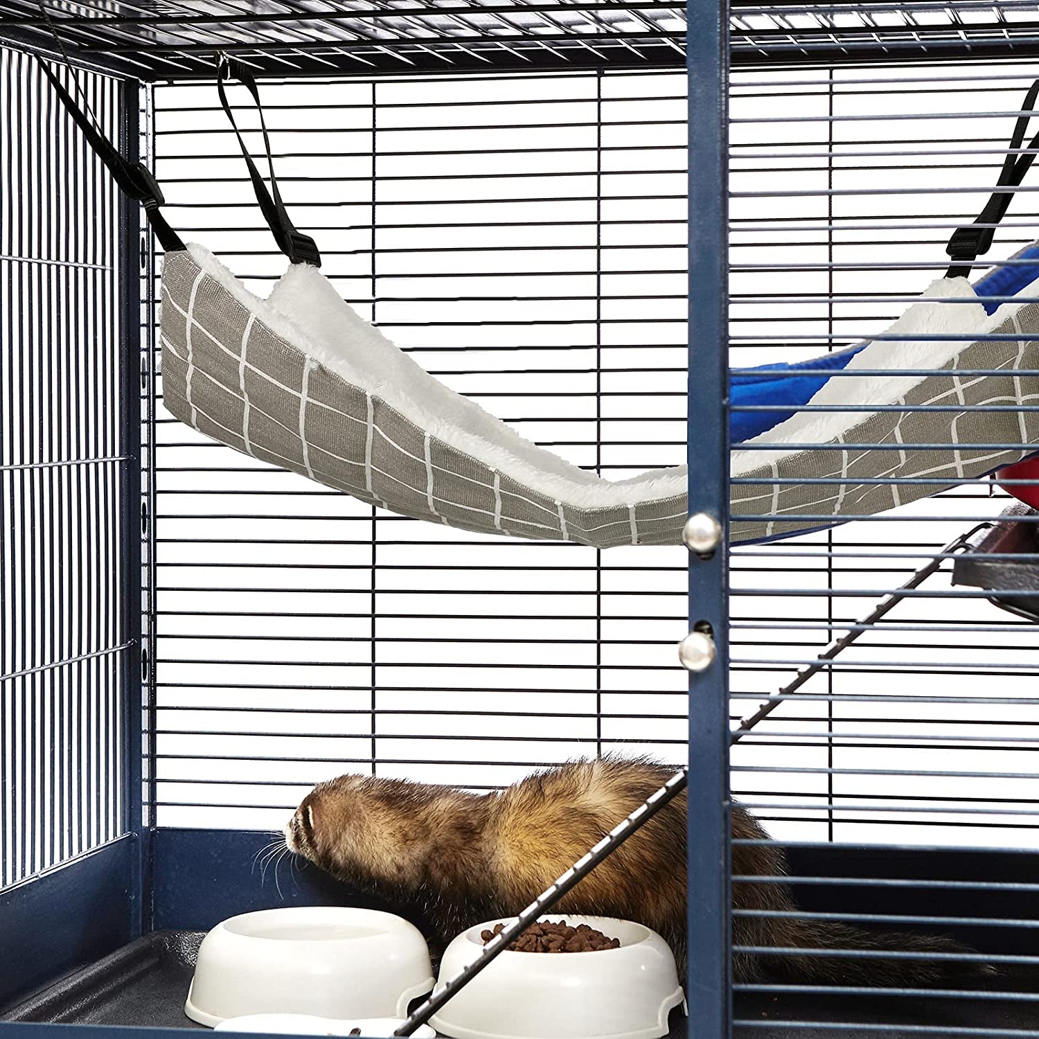 2 Pieces Reversible Cat Hanging Hammock Soft Breathable Pet Cage Hammock with Adjustable Straps and Metal Hooks Double Sided Hanging Bed for Small Dogs Rabbits(Cat and Plaid,S)