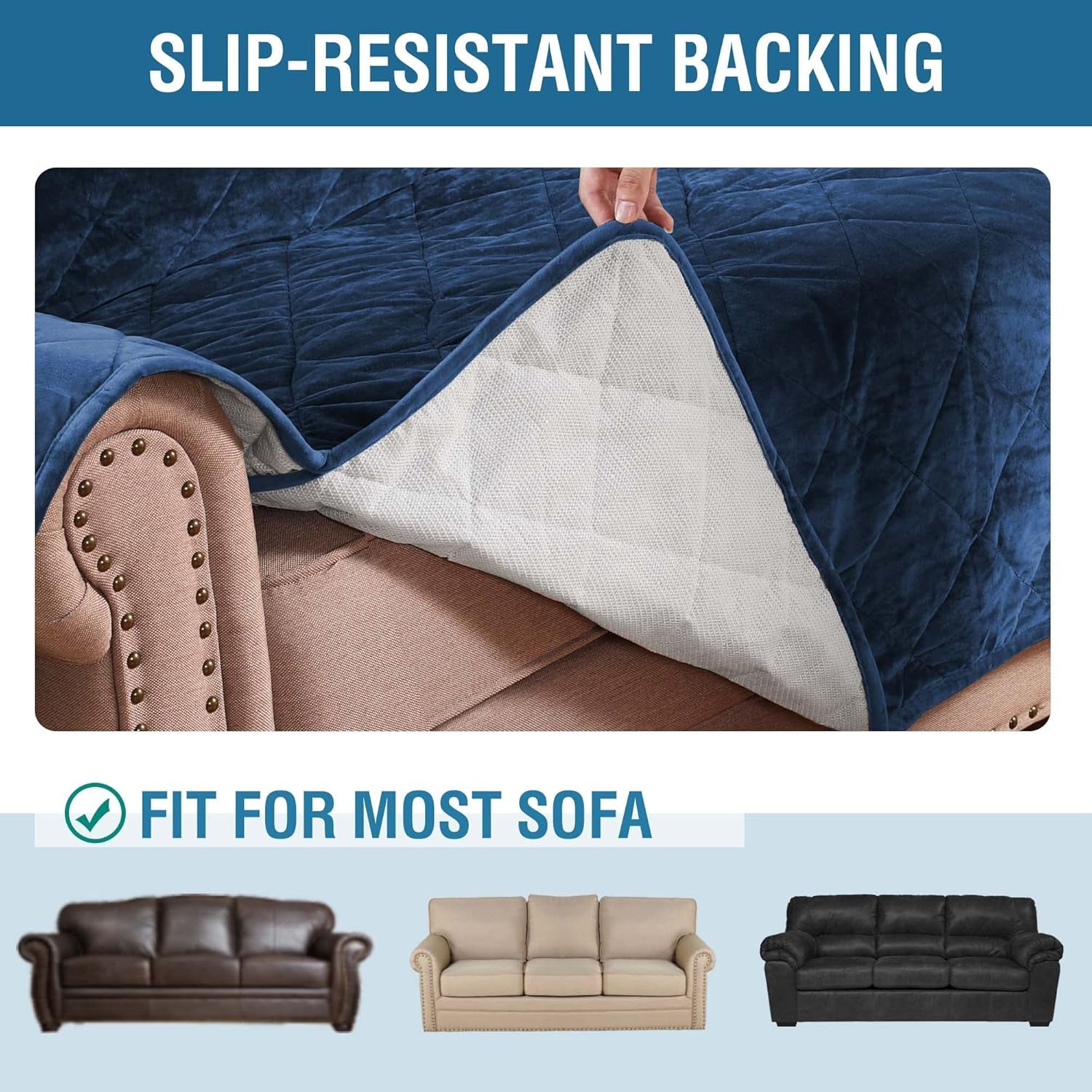 Thick Velvet Sofa Cover Soft Couch Cover for 3 Cushion Cover Washable Furniture Protector for Dogs Non-Slip Sofa Slipcover with Elastic Strap Fit Sitting Width up to 70"(Sofa, Navy)