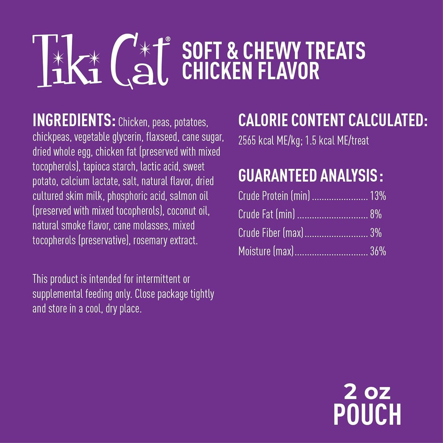 Tiki Cat Soft & Chewy Treats, Chicken Flavor, 3 Calories per Treat with Grain-Free and No Added Gluten, 2 Oz Pouch (Pack of 1)