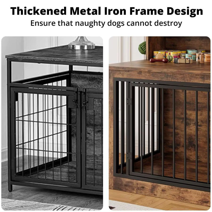 Dog Crate Furniture, 33.4 Inches Wooden Small Dog Crate with Storage and 4 Hooks, Heavy Duty Pet Crate for Small Dog, Decorative