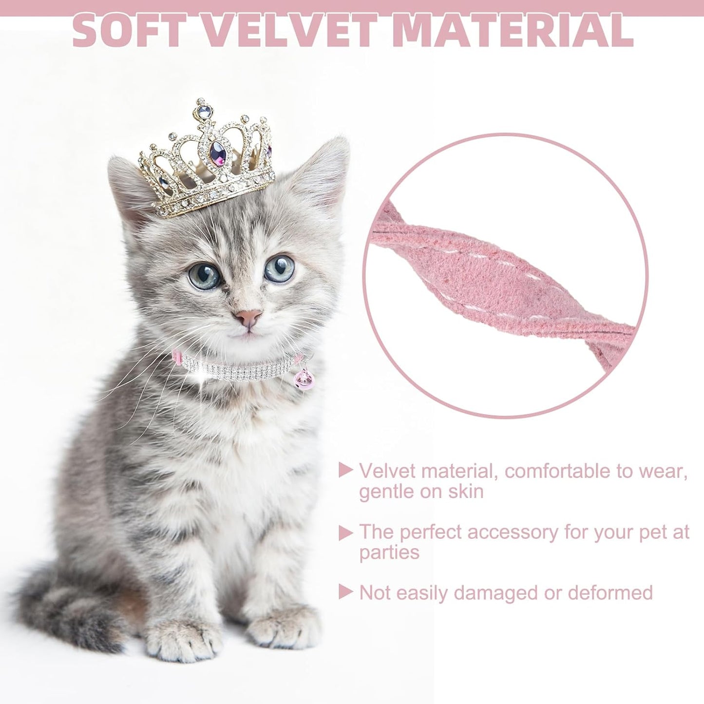 Soft Velvet Safe Cat Collars for Girl Cats -2 Pack Rhinestones Bling Diamante Adjustable Collars Breakaway- Chirstmas Cat Clollar Gifts with Bells for Boy Cats Kitty and Small Dogs