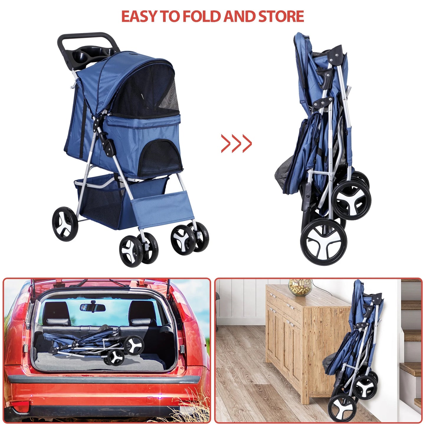 4 Wheels Small Pet Dog Stroller Foldable Strolling Cart Max.33Lbs W/Storage Basket & Cup Holder,Navy