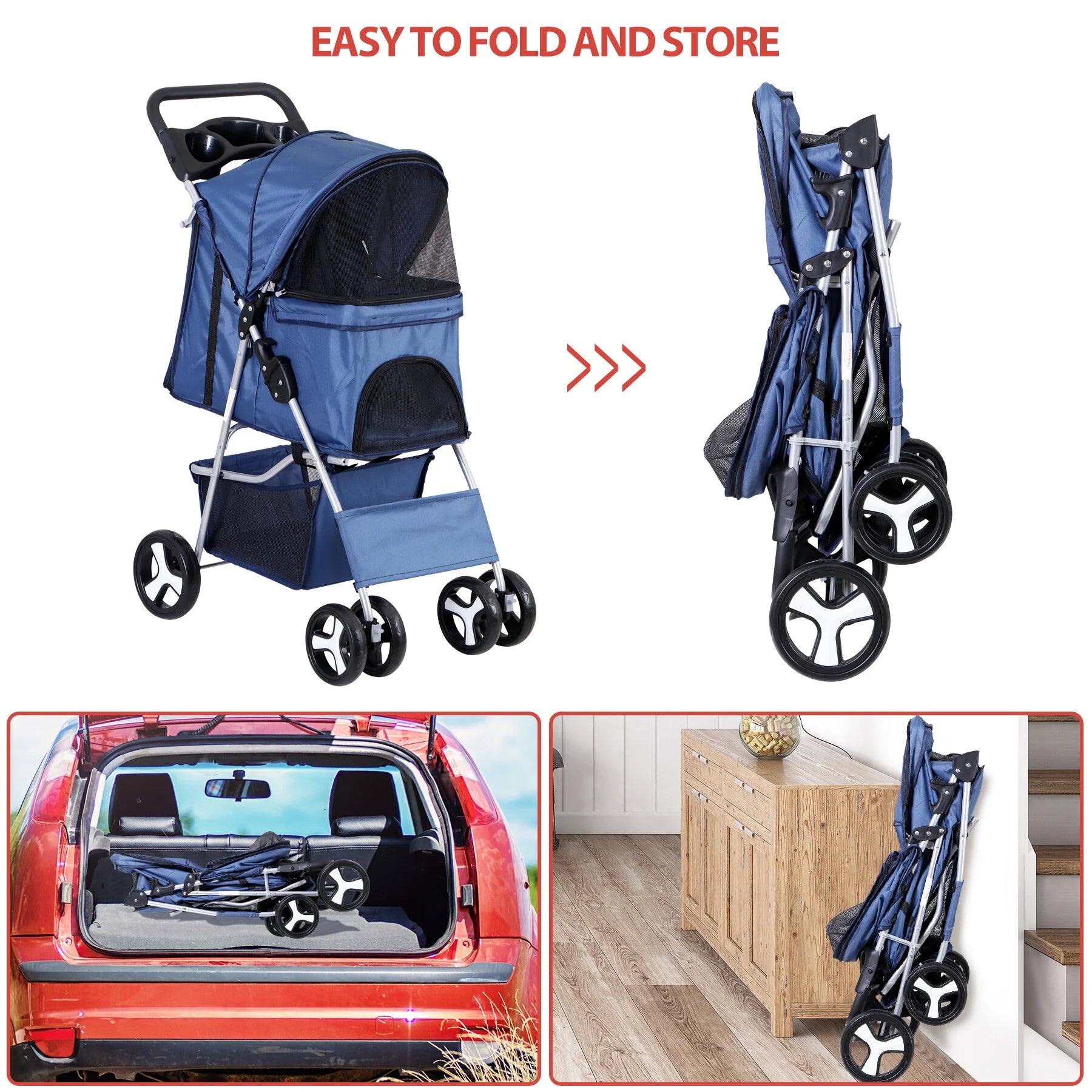 4 Wheels Small Pet Dog Stroller Foldable Strolling Cart Max.33Lbs W/Storage Basket & Cup Holder,Navy