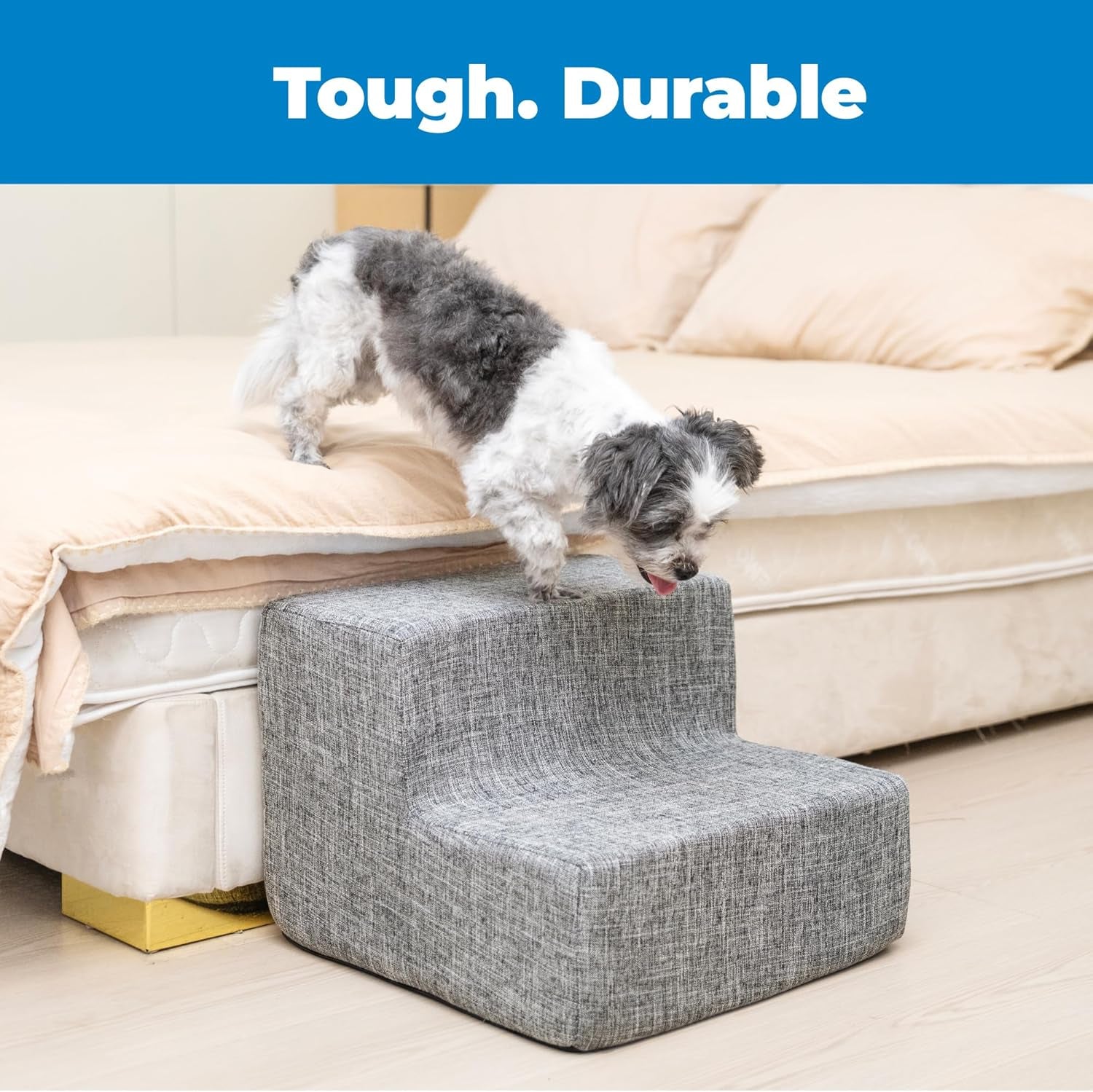 Dog Stairs & Steps - Foam Steps for Small Dogs & Cats, Non-Slip Indoor Balanced Pet Step Support, Dog Ramp, No Assembly, Ash Gray Linen, 2-Step (12-Inch Height)