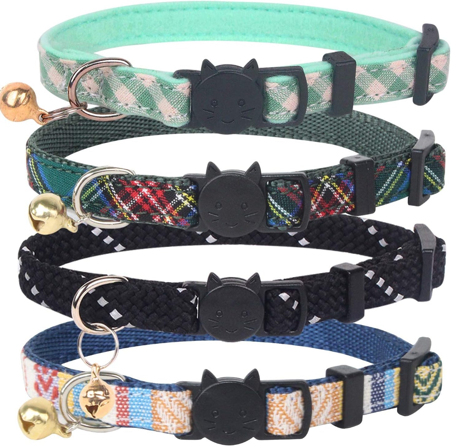 4 Pack Breakaway Cat Collar with Bell,Safety Buckle Collars for Kitten Kitty,Cute Pattern Collars Adjustable from 7-11 Inches (Green)