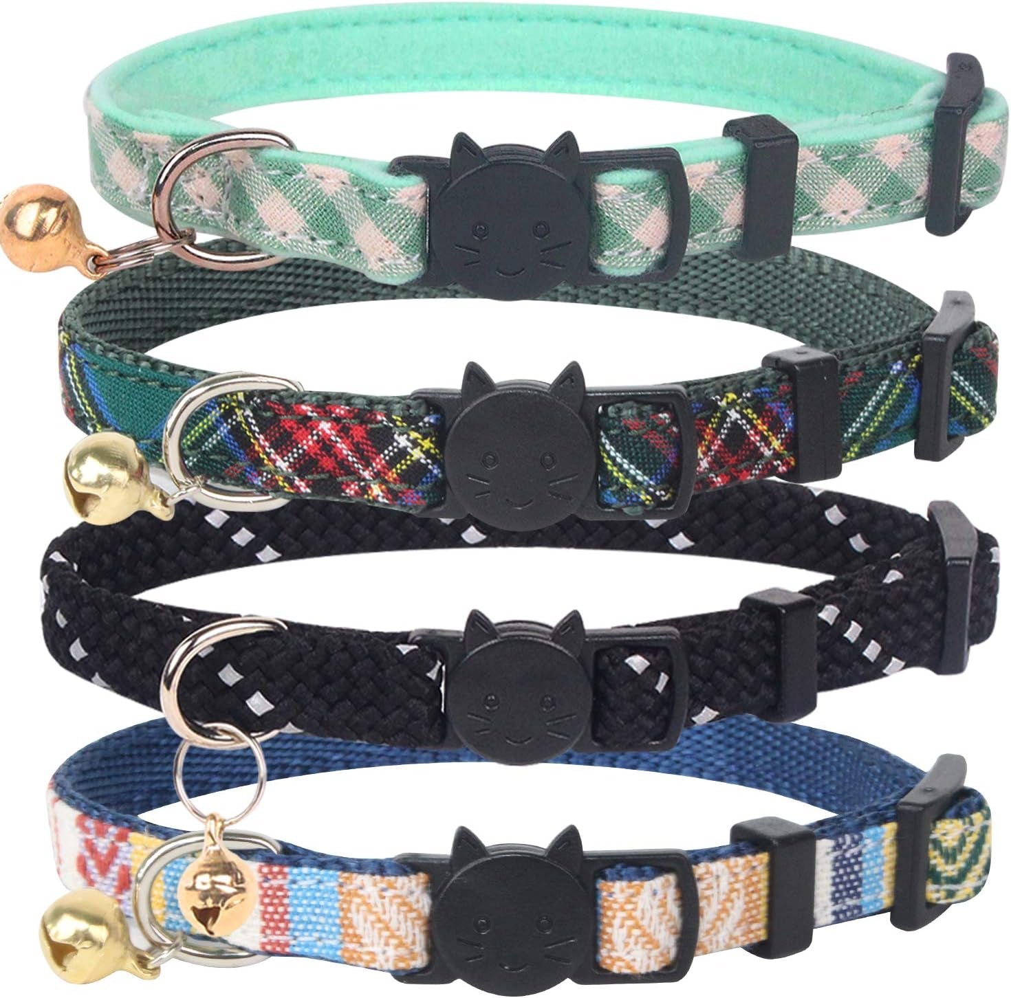 4 Pack Breakaway Cat Collar with Bell,Safety Buckle Collars for Kitten Kitty,Cute Pattern Collars Adjustable from 7-11 Inches (Green)