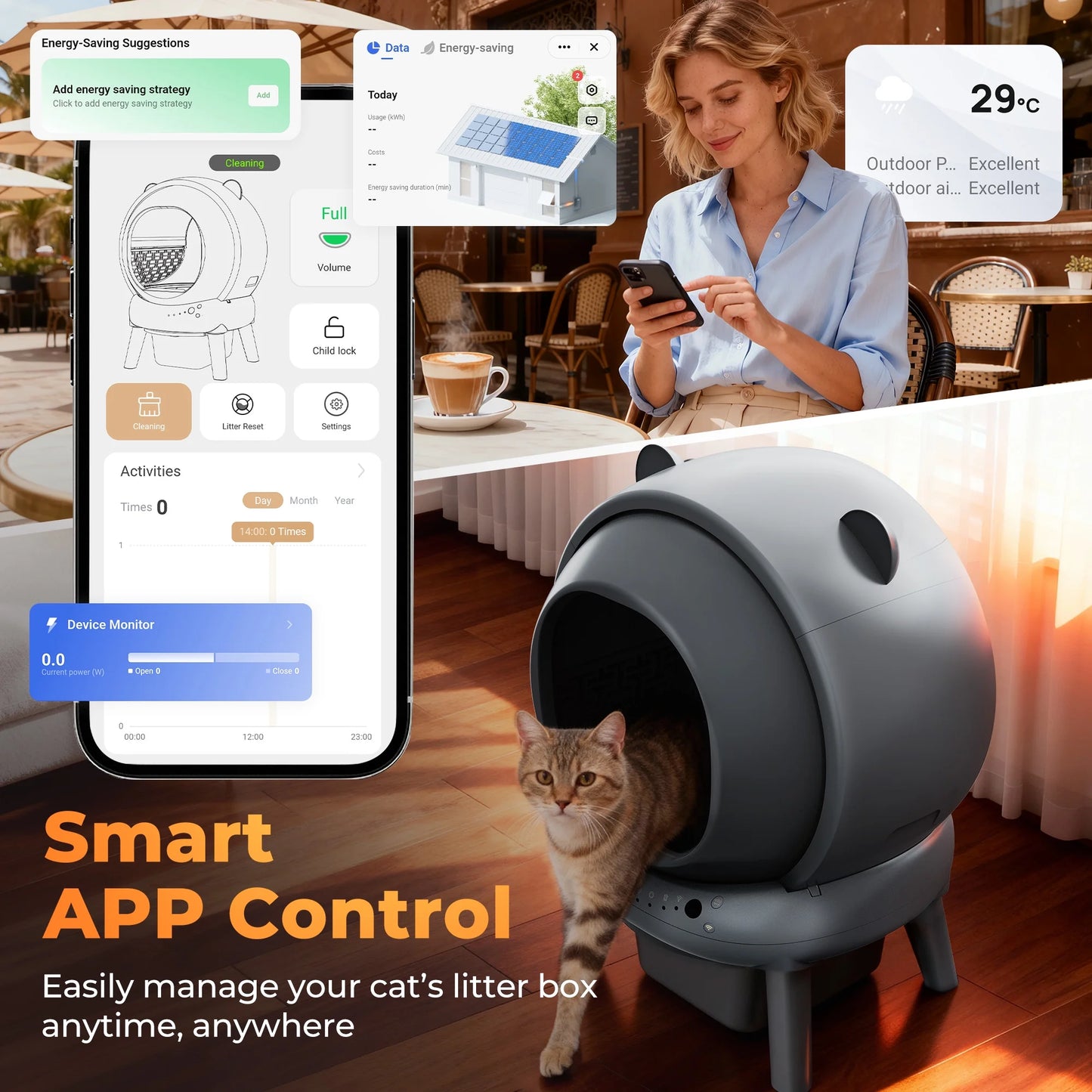 Automatic Cat Litter Box Self Cleaning, 100+15L Large Litter Box with Liner, Odor Removal, 2.4G Wifi APP Control/Integrated Safety Protection, Litter Mat