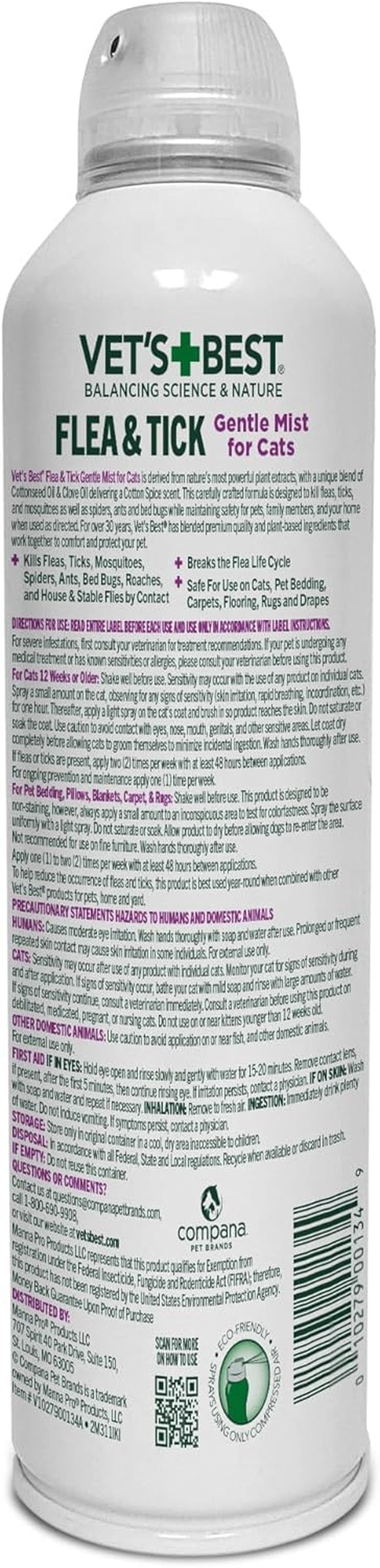 Natural Flea & Tick Mist for Cats – Plant-Powered Spray with Cotton Spice Scent – Natural Flea Prevention and Pest Control – Gentle Formula for Indoor Use – Safe for Pets – 6.3 Oz