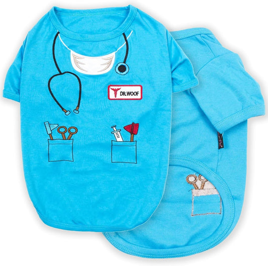Doctor Woof Dog Shirt - 100% Cotton & Polyester Doctor Outfit for Dogs - Embroidered Sleeved Doggy Clothes - Blue Funny Pets Shirts for Large Dogs - Pet Costumes - XL