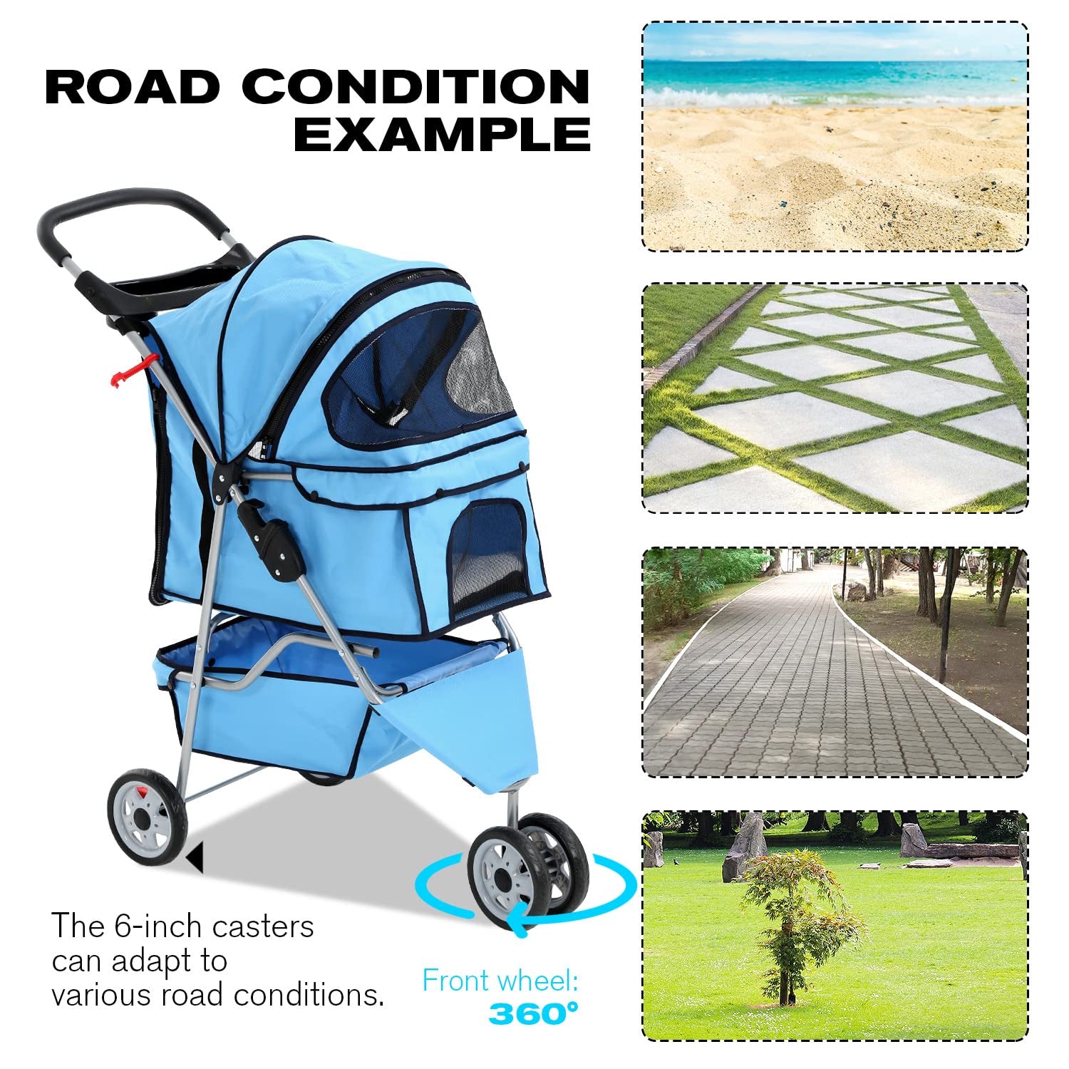Folding Dog Stroller, 3 Wheels Pet Strollers Pet Gear for Small Medium Cats Dogs Puppy with Storage Basket, Cup Holder,Lightweight Blue 35.04Inchx17.32Inchx38.58Inch