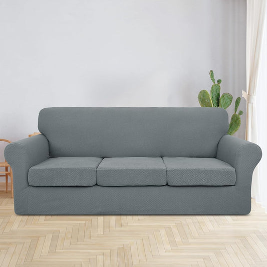 4 Pieces Couch Covers for 3 Cushion Couch Stretch Sofa Slipcover with 3 Seat Cushion Covers Thick Fitted Couch Cover for Pet Dogs Furniture Protector (Sofa, Light Gray)