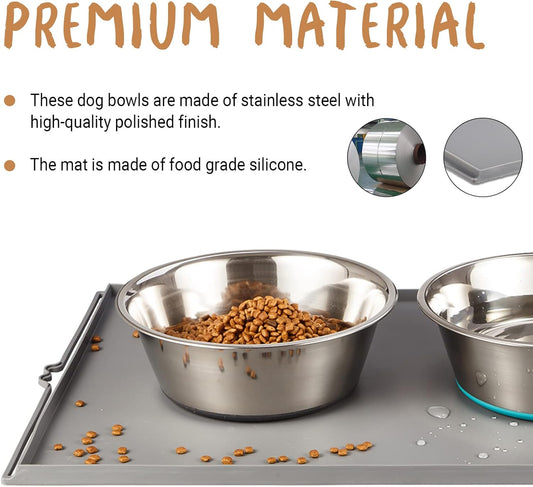 Deep Stainless Steel Anti-Slip Dog Bowls with Silicone Mat - 2 Bowls + Mat, 2 Cups