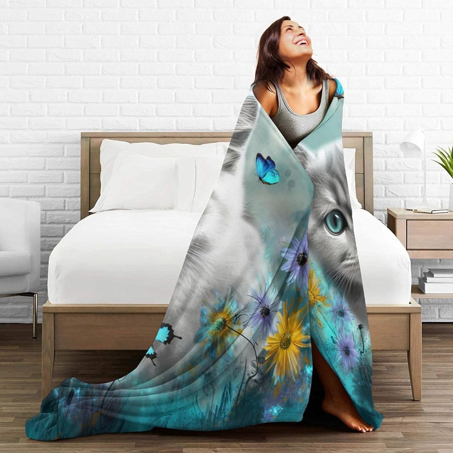 Cute Cat with Blue Butterfly Throw Blanket - Ultra Soft Cozy Fleece Kitten Blanket for Girls, Women & Kids - 40"X50" Cat Lover Gifts