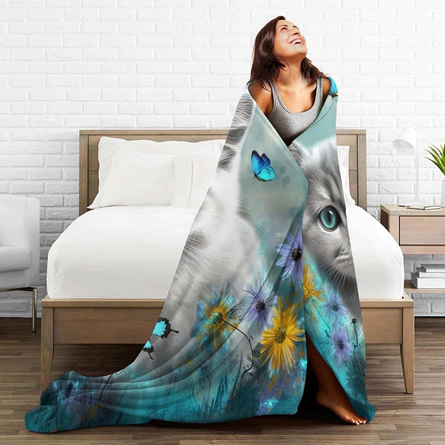 Cute Cat with Blue Butterfly Throw Blanket - Ultra Soft Cozy Fleece Kitten Blanket for Girls, Women & Kids - 40"X50" Cat Lover Gifts