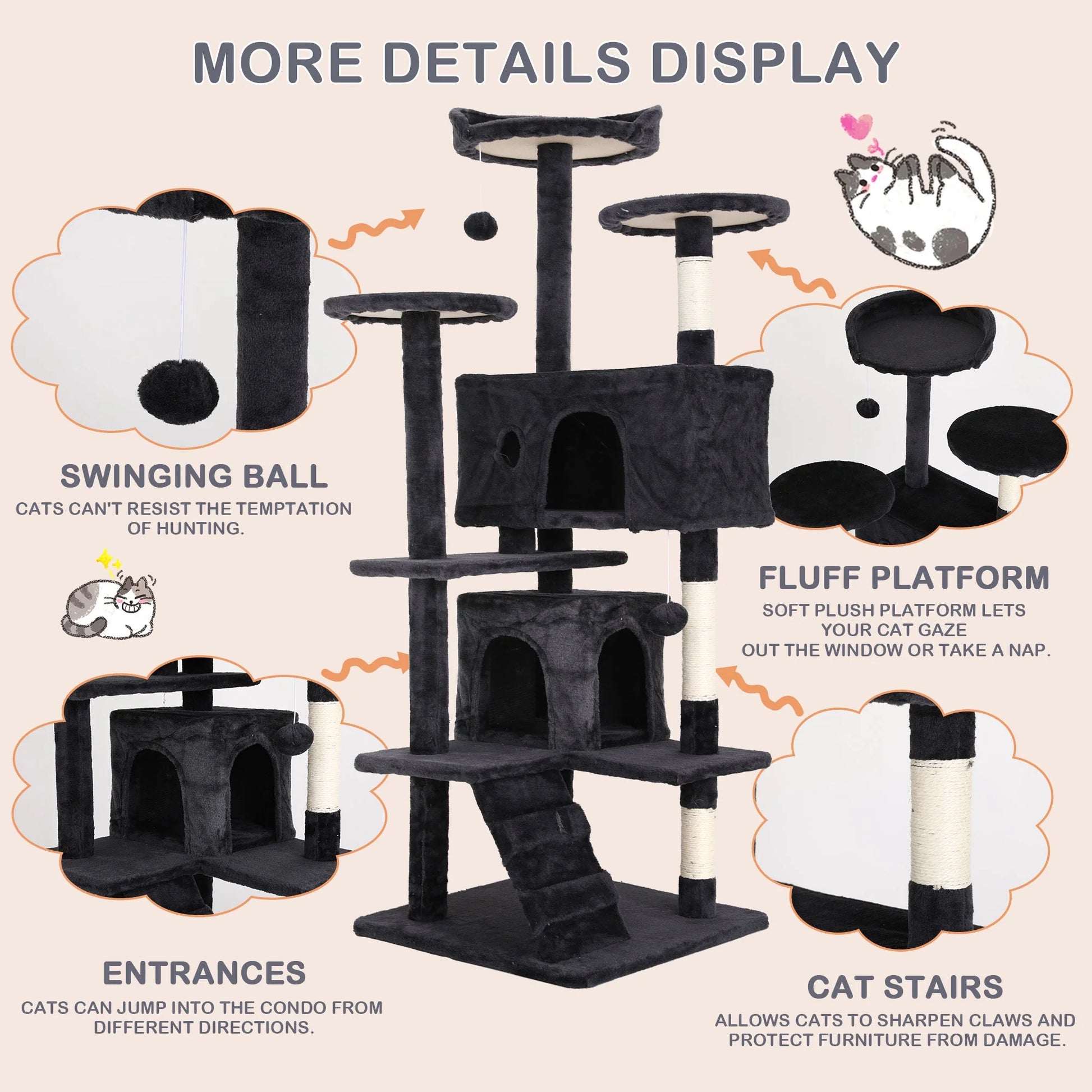 54In  Tower, Multi-Level Cat Tower Furniture Activity Center with Platform Scratching Posts Stand House Condo and Toy, Cat Condos for Indoor Cats Kitten Activity Relaxing, Dark Gray