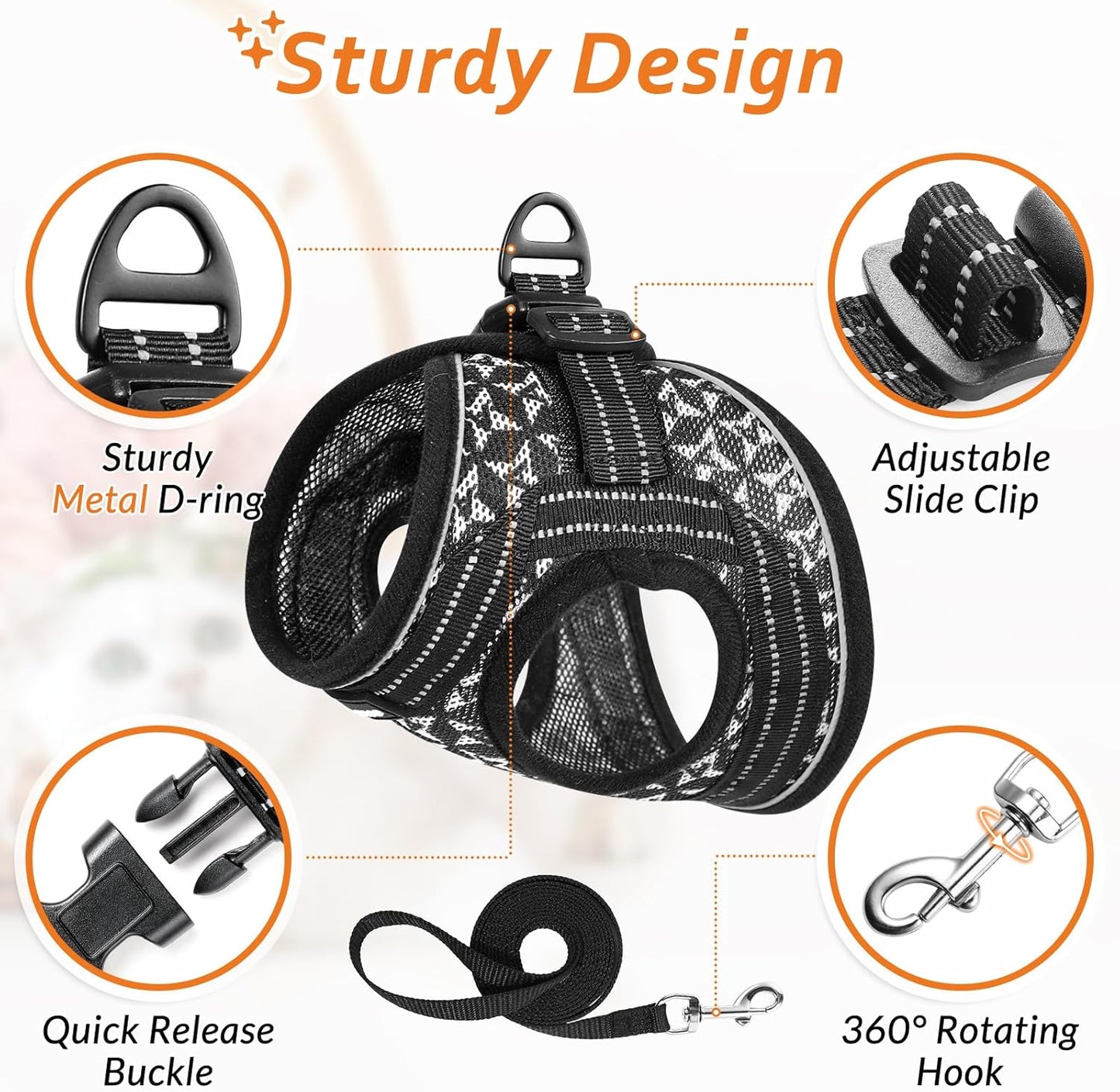 Cat Harness and Leash Escape Proof for Walking, Safe Adjustable Medium Kitten Vest Set with Reflective Strip for Kitty, Easy Control Comfortable Soft Outdoor Pet Harnesses, Black, Medium