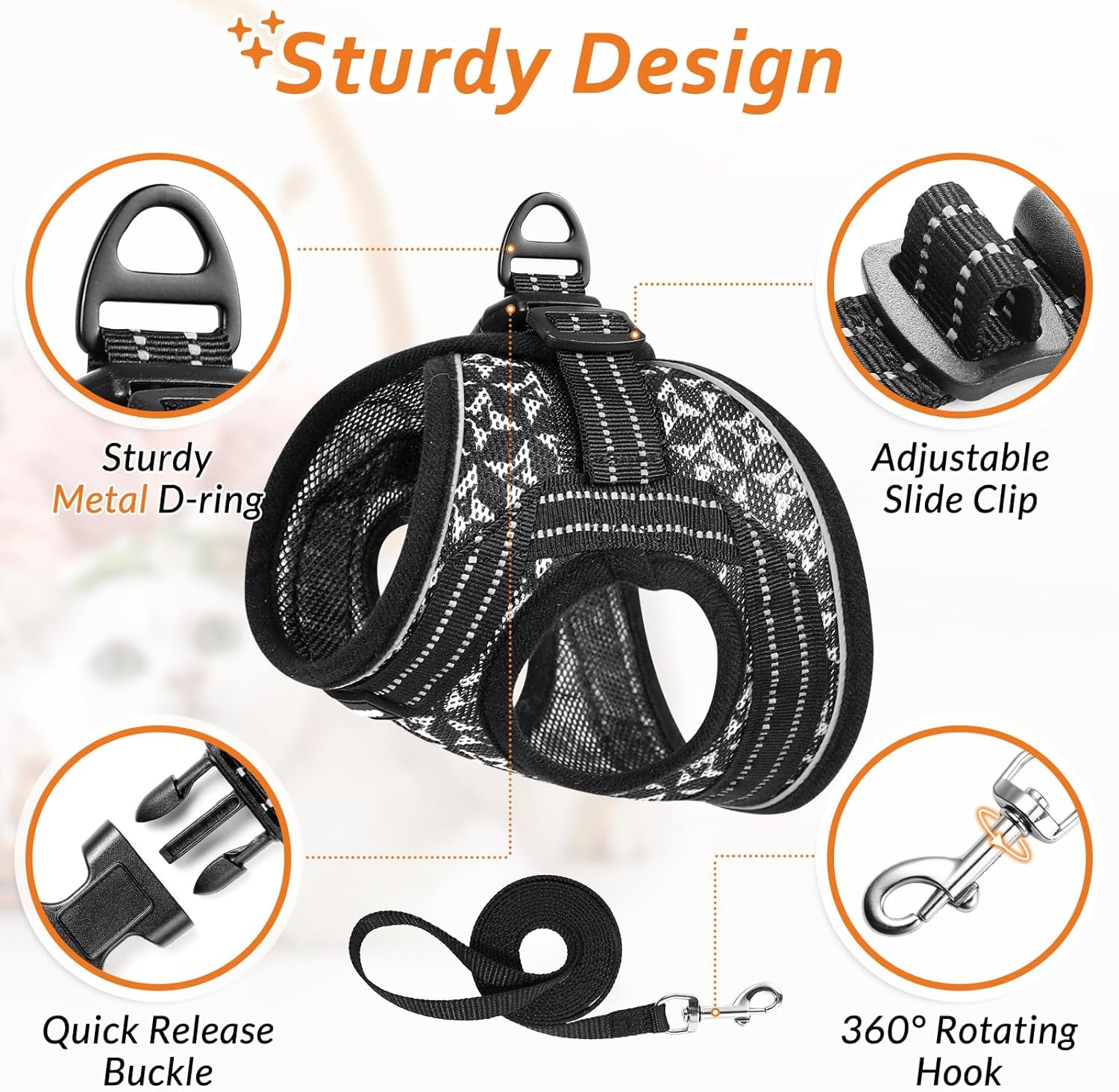 Cat Harness and Leash Escape Proof for Walking, Safe Adjustable Medium Kitten Vest Set with Reflective Strip for Kitty, Easy Control Comfortable Soft Outdoor Pet Harnesses, Black, Medium