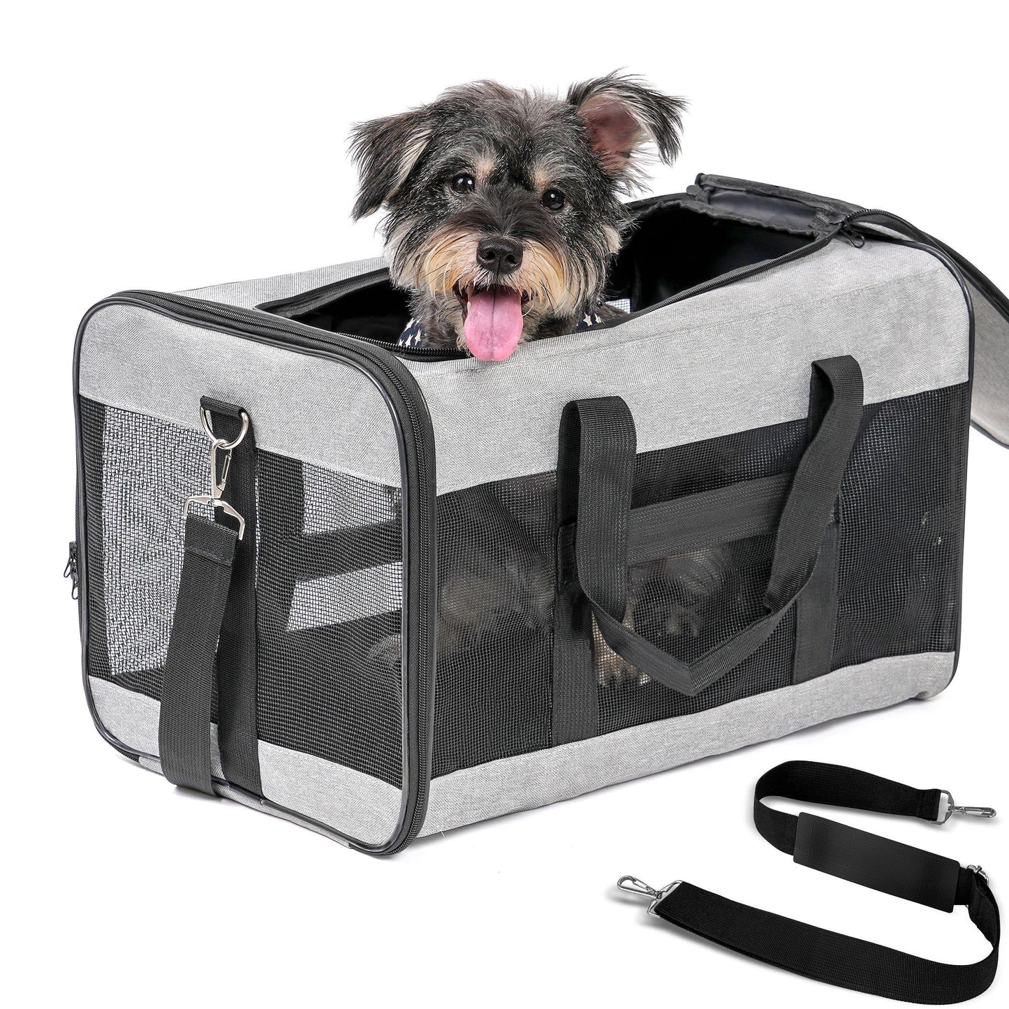 Large Cat Carrier,Foldable Pet Carrier with Soft-Sided and Safety Leash,Comfort Travel Carrier for Large Dogs Cats,Gray