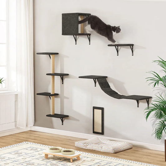 Cat Wall Shelves and Perches Set of 5, Indoor Cat Condo for Sleeping Playing Lounging Climbing Cat Tree House, Gray