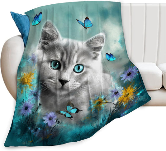 Cute Cat with Blue Butterfly Throw Blanket - Ultra Soft Cozy Fleece Kitten Blanket for Girls, Women & Kids - 40"X50" Cat Lover Gifts