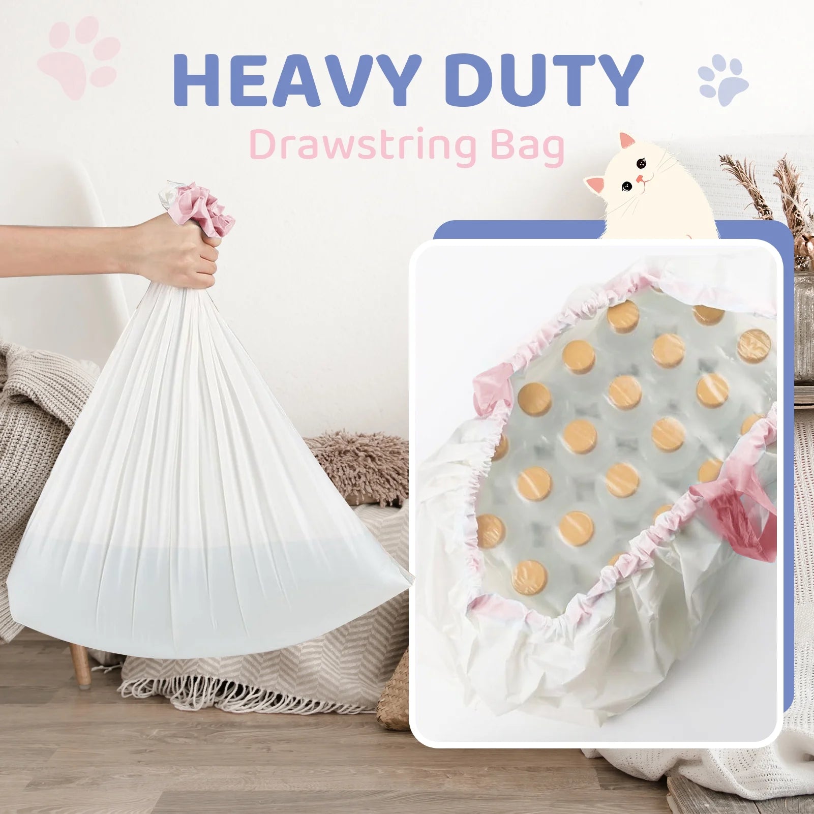 60 Pcs Cat Litter Box Liners, 39'' X 18'' Large Litter Box Liner with Drawstring, Heavy Duty Kitty Litter Bags Liners, 2.2 Mils Thicken Drawstring Bags for Cats Kitties Litter Box