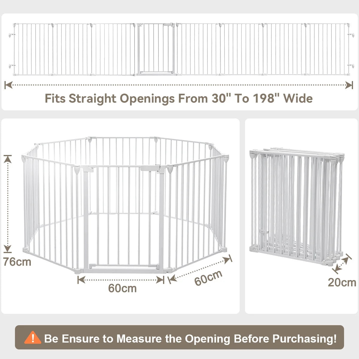 Baby Gates, 8Panel 198" Extra Wide 30" Tall Baby Gates Fireplace Fence Toddler Playard, White