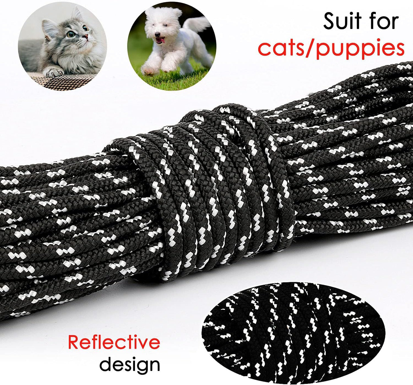 Reflective Cat Long Leash - 15 FT Escape Proof Walking Leads Yard Long Lead Durable Safe Personalized Extender Leash Traning Play Outdoor for Kitten, Puppy, Rabbit and Small Animals