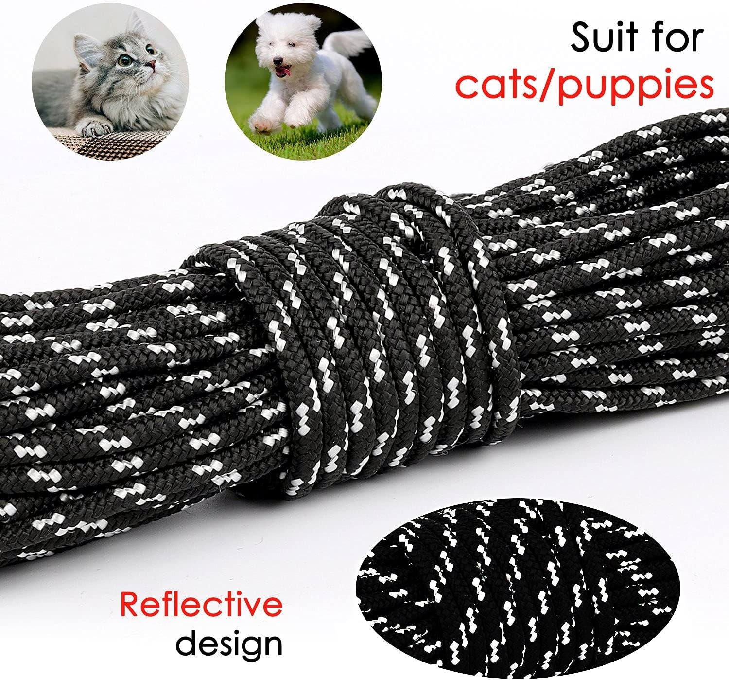 Reflective Cat Long Leash - 15 FT Escape Proof Walking Leads Yard Long Lead Durable Safe Personalized Extender Leash Traning Play Outdoor for Kitten, Puppy, Rabbit and Small Animals