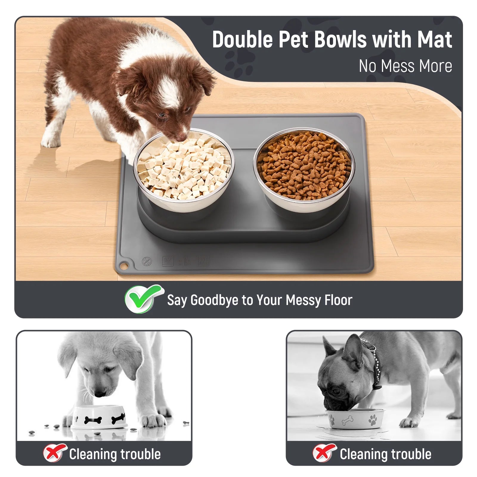 Stainless Steel Elevated Cat Bowls Set with Anti-Slip Mat