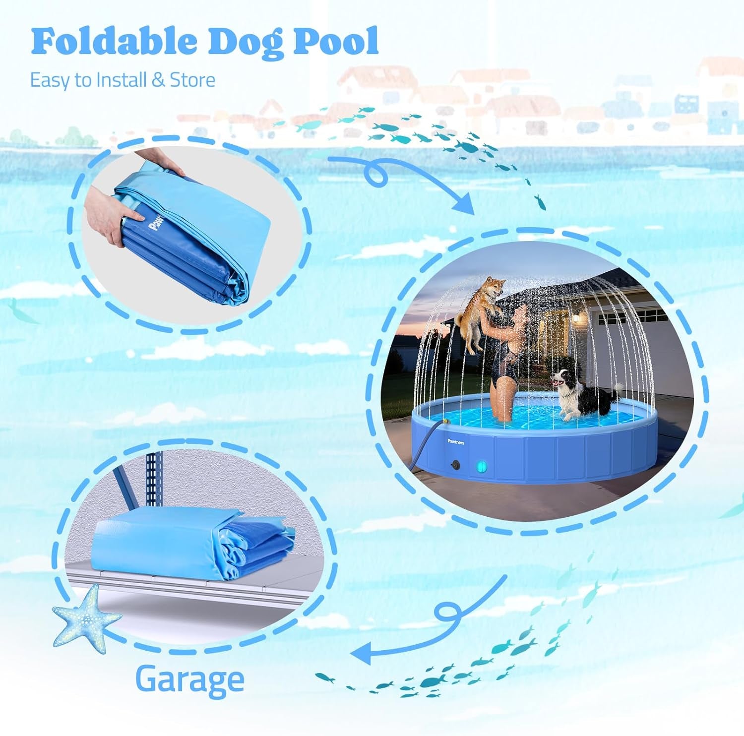 87" Foldable Dog Pool with Sprinkler & RGB LED Light, Collapsible Hard Plastic Swimming Pool for Small Large Dogs Cats and Kids, Portable Pet Bathing Tub Wading Pool for Backyard Camping Blue