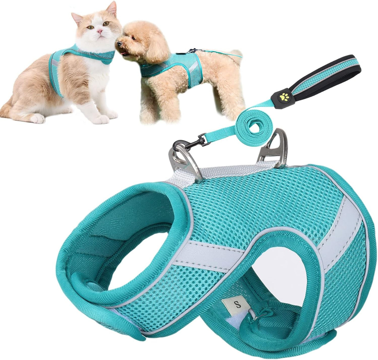 Small Dog Harness and Cat Harness, Step-In Puppy Harness with Dog Leash Set, No Pull Adjustable Reflective Soft Mesh Pet Outdoor Walking Vest Harness, S, Lake Blue