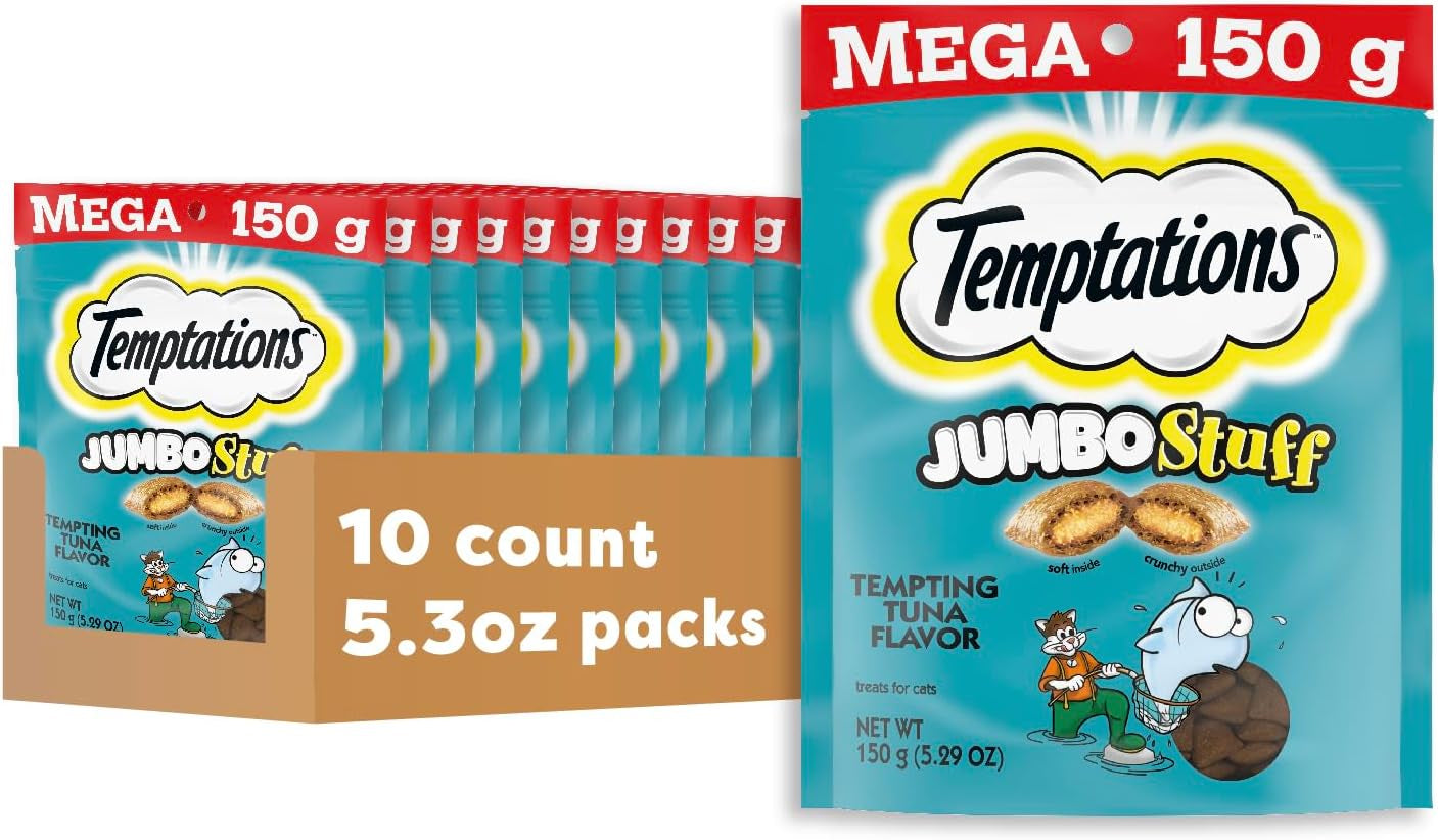 Jumbo Stuff Crunchy and Soft Cat Treats, Tempting Tuna Flavor, 5.3 Oz. Pouch (Pack of 10)