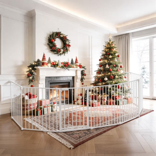 Baby Gates, 8Panel 198" Extra Wide 30" Tall Baby Gates Fireplace Fence Toddler Playard, White