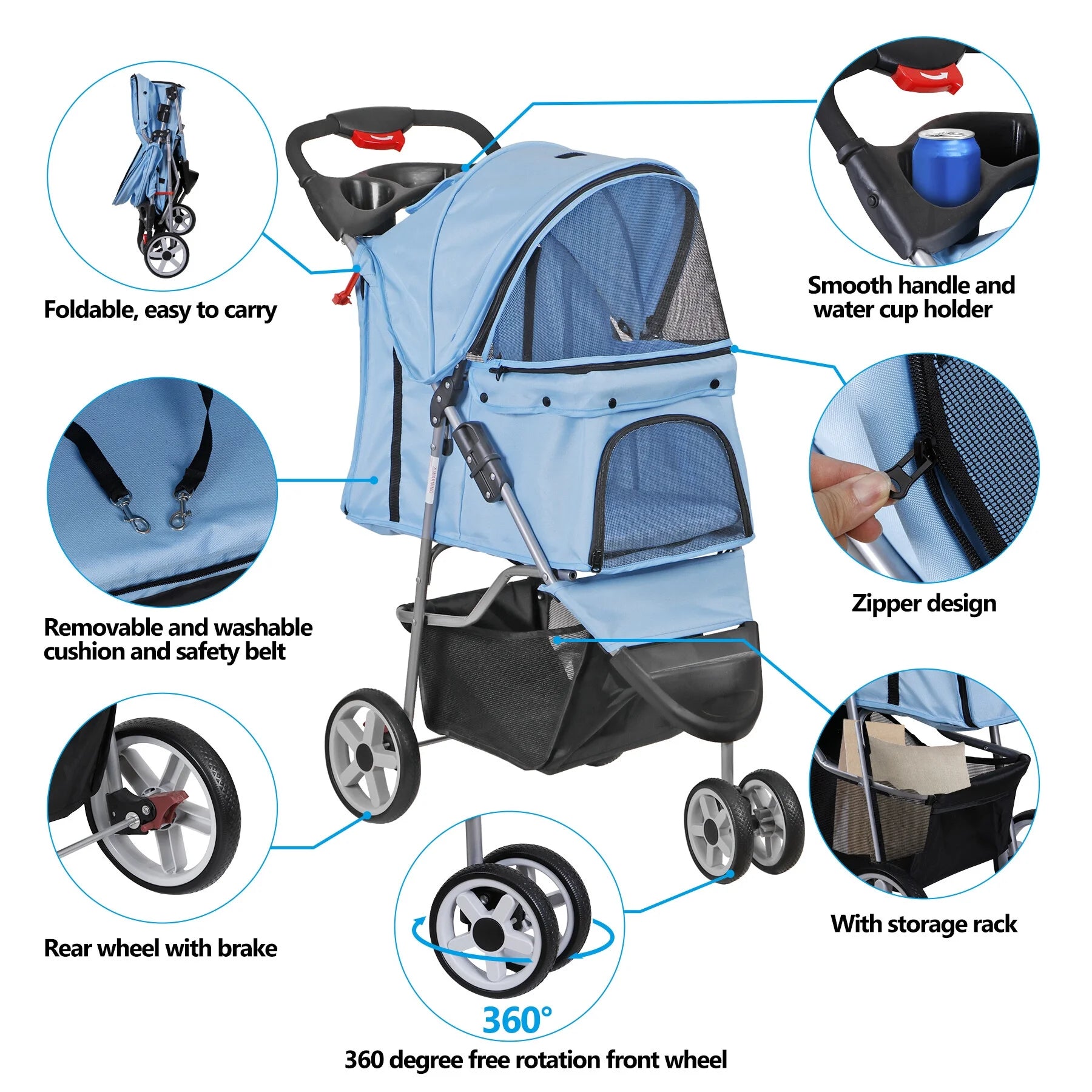 3 Wheels Foldable Pet Stroller for Small Dog Max. 33Lbs W/Storage Basket, Blue