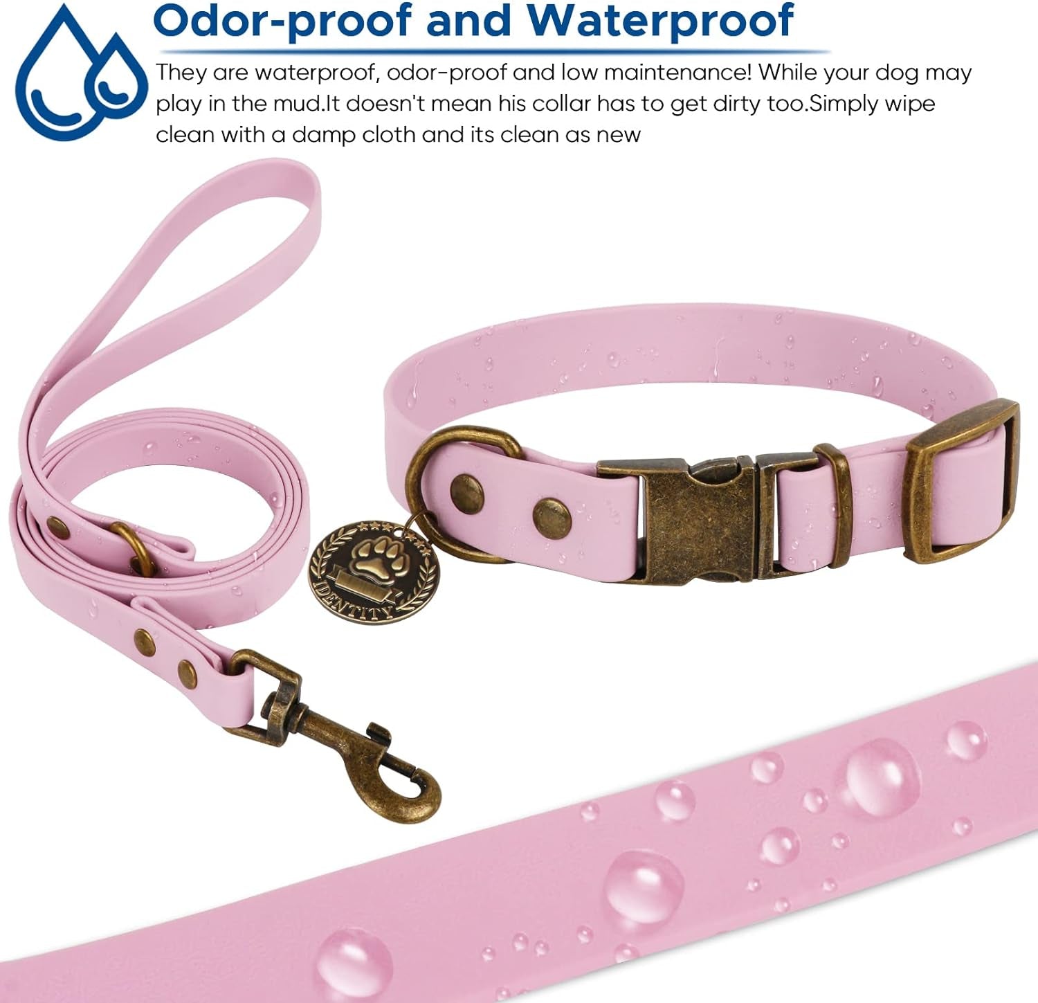 Dog Collar and Leash Set, Waterproof Adjustable Puppy Collars with Cute Tag 5FT Dog Leash with Poop Bag for Small Medium Large Dogs (M, Pale Pinkish Purple)