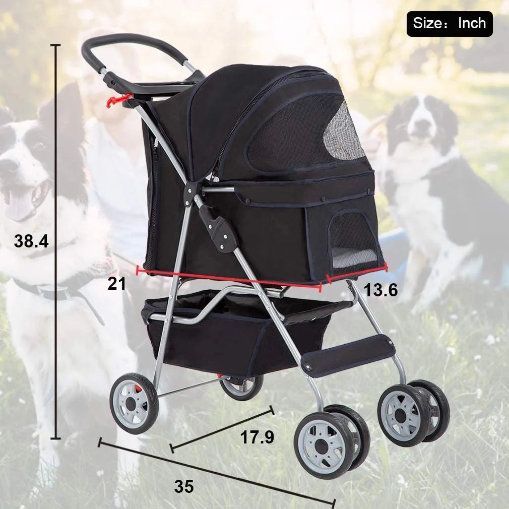 Folding Pet Stroller, Black, 39"H