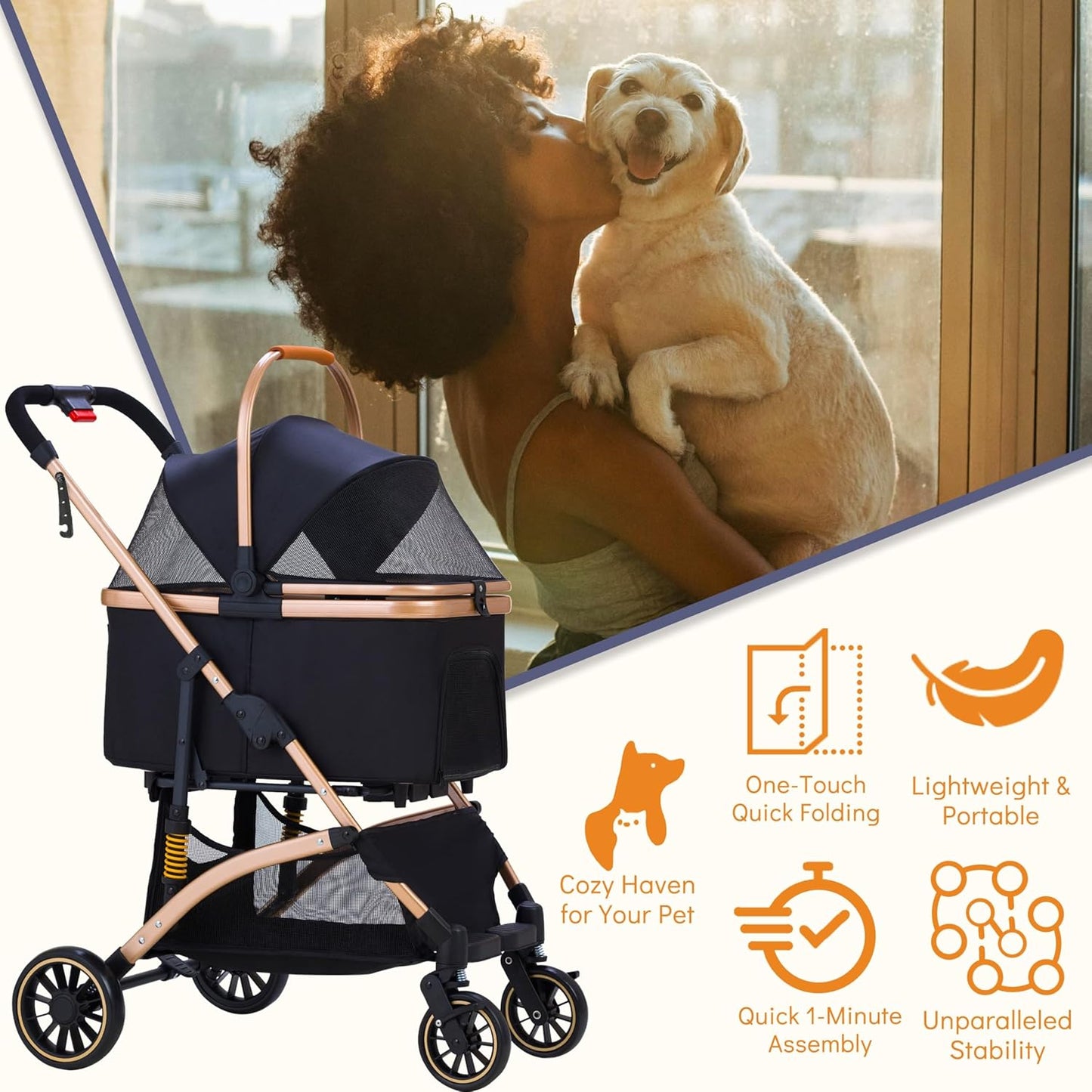 Pet Stroller for Small Dogs, Lightweight Small Dog Stroller for Dogs Cats with 6 Shock Absorption System, Detachable Carrier Suitable for Car Seat & Hand Carry, Safe Outings, Black