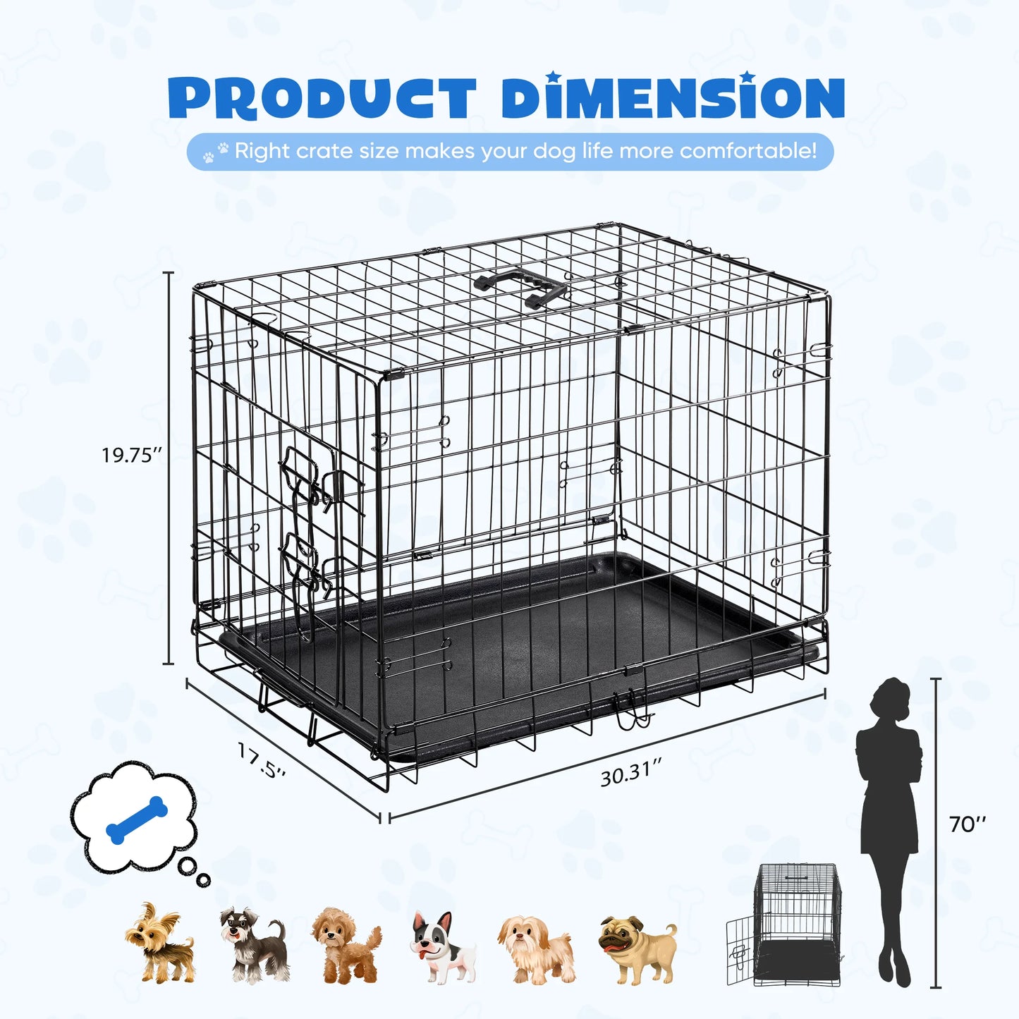 Medium Dog Crate, 30" Single Door Folding Metal Wire Dog Cage with Plastic Leak-Proof Pan Tray