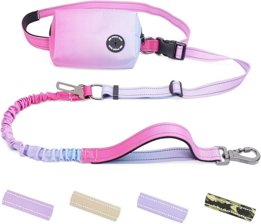 Hands Free Dog Leash with Zipper Pouch, 6-9Ft Bungee Waist Leash for Medium Large Dogs Walking, Running Lead with Dual Padded Handles Car Safety Buckle for Training Jogging