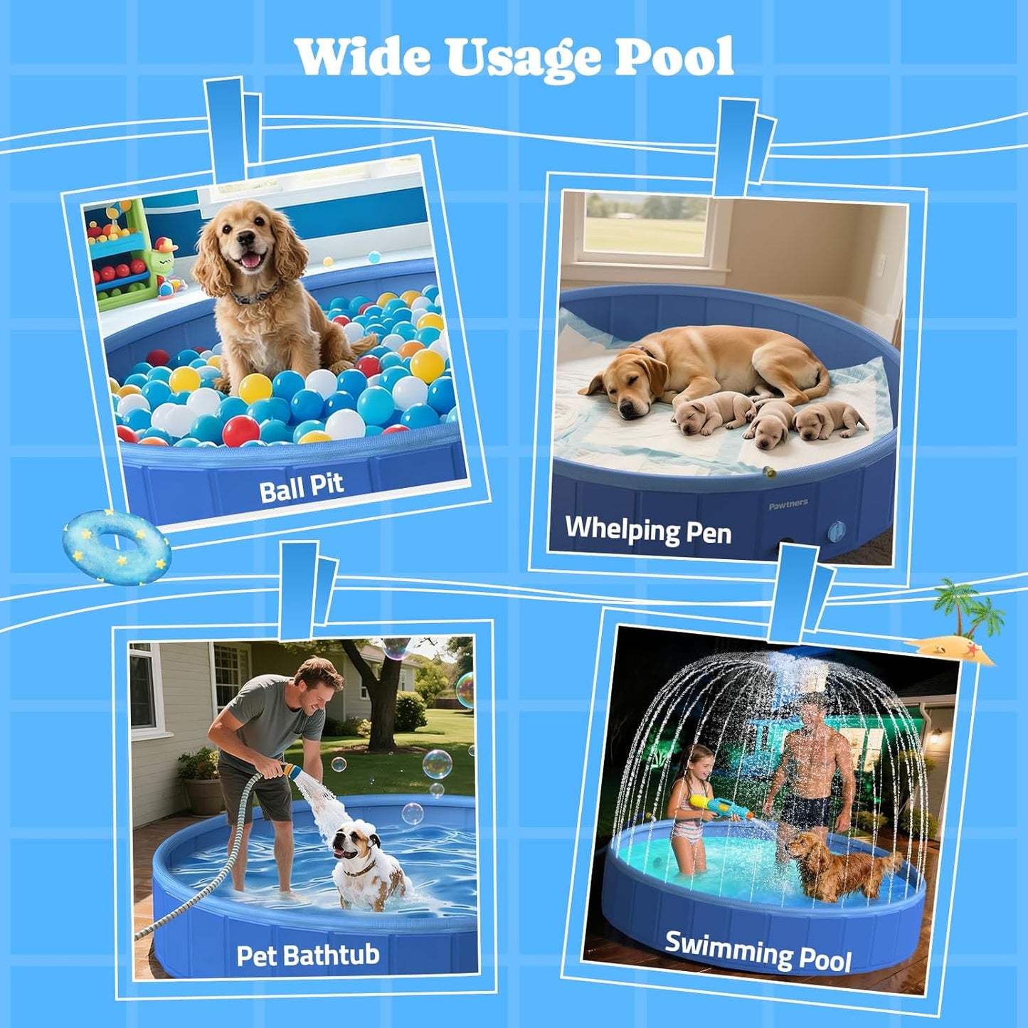 87" Foldable Dog Pool with Sprinkler & RGB LED Light, Collapsible Hard Plastic Swimming Pool for Small Large Dogs Cats and Kids, Portable Pet Bathing Tub Wading Pool for Backyard Camping Blue
