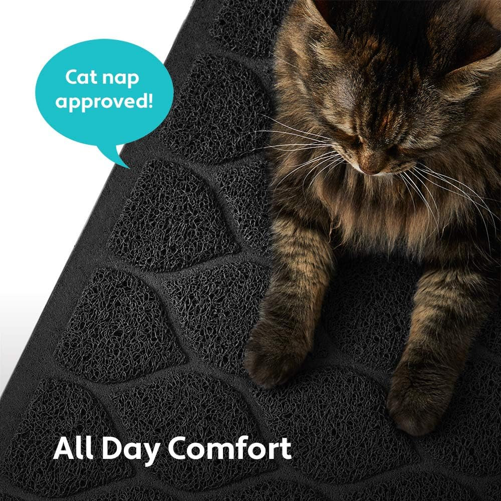 Waterproof BPA Free Cat Litter Box Trapping Mat, Easy Clean Floors, Textured Backing, Soft on Sensitive Kitty Paws, Cats Accessories, Less Waste, Stays in Place, 35X23, Black