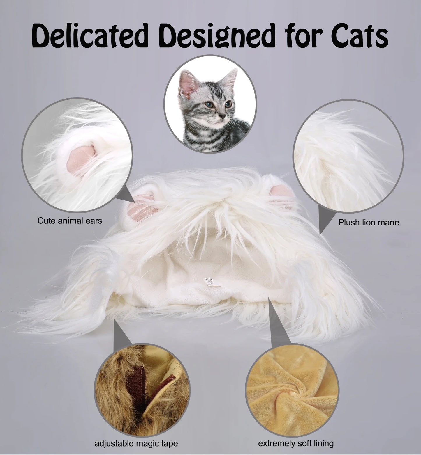 Lion Mane Wig for Cats, Funny Pet Cat Costumes for Halloween Christmas, Furry Pet Clothing Accessories (Size S, White)